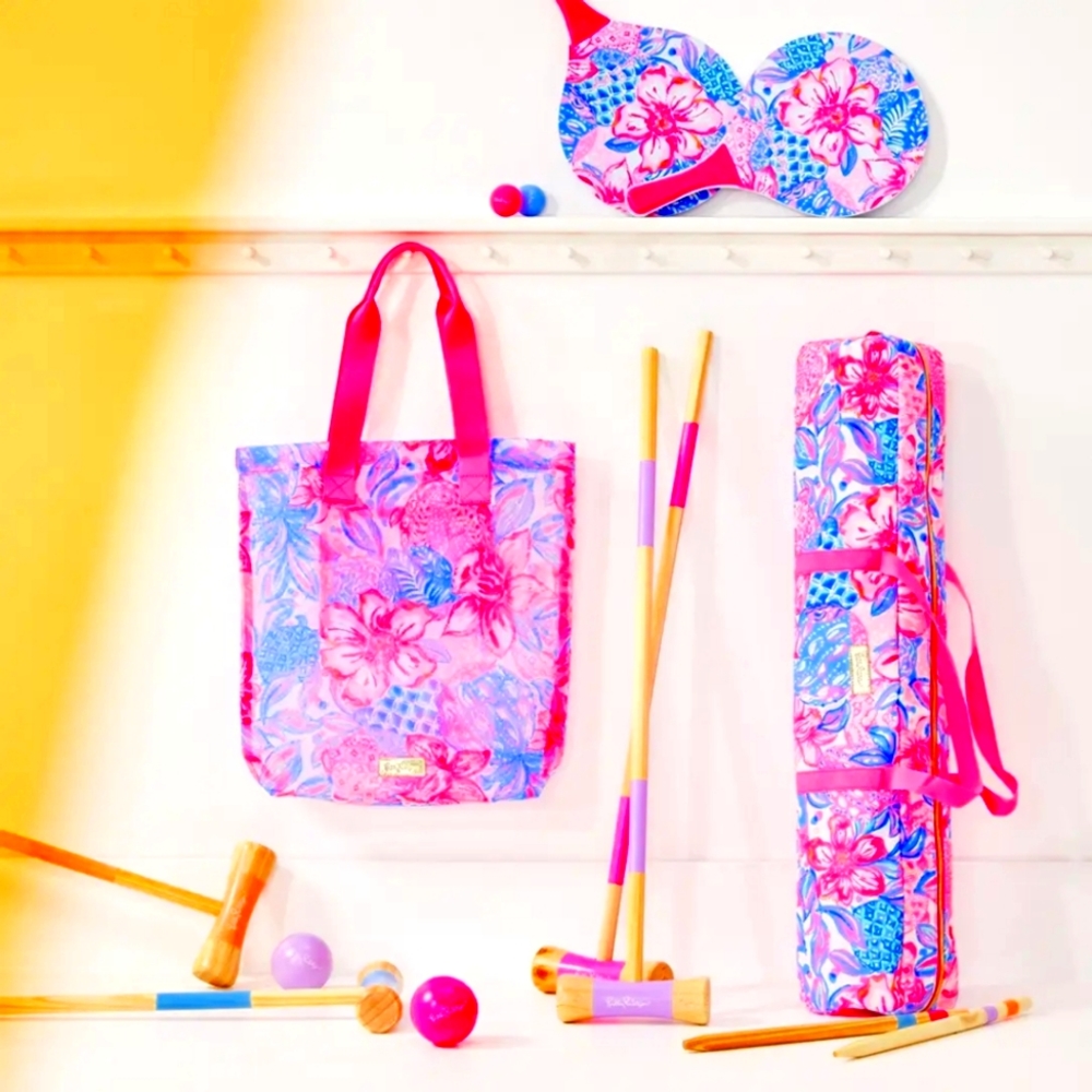 Lilly Pulitzer Croquet Set, Paddle Ball Set and Tote